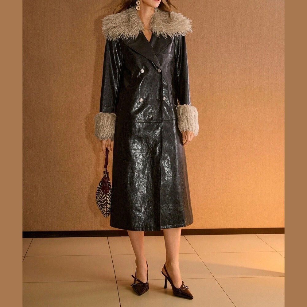 Espresso Brown Faux Leather Shaggy Fur Collar Trim Double Breasted Midi Coat